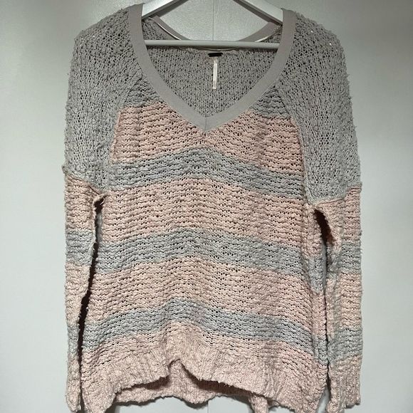 Free People Rugby Songbird Stripe Pullover SweaterSmall Pale Pink Pale Gray - Picture 10 of 15